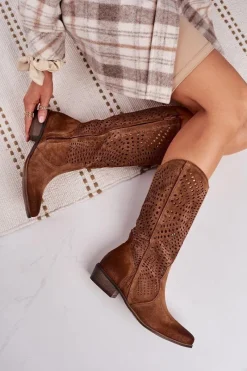 New Wiosenne Ażurowe Kozaki Zamszowe Exquisite 1229 Koniak Damskie Kozaki Ażurowe|Kozaki Zamszowe