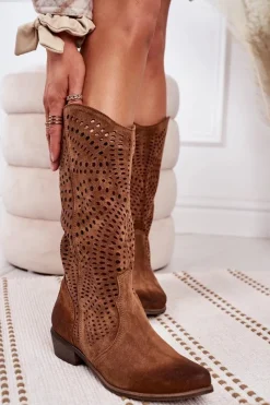 New Wiosenne Ażurowe Kozaki Zamszowe Exquisite 1229 Koniak Damskie Kozaki Ażurowe|Kozaki Zamszowe