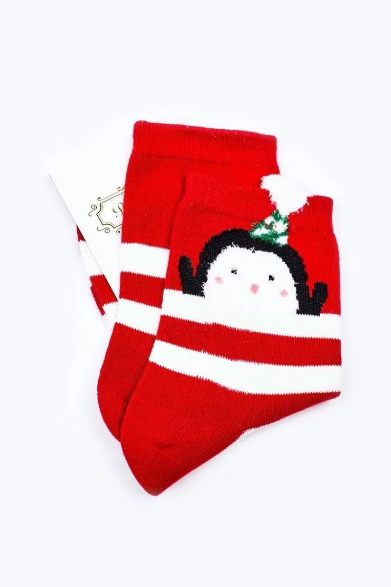 Best Boto Świąteczne Bawełniane Skarpetki W Paski Z Pingwinem Czerwone