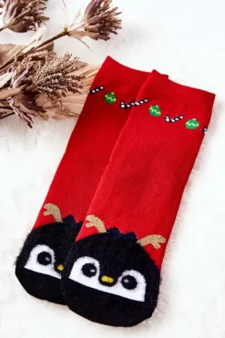 Discount Aura.via Świąteczne Bawełniane Skarpetki Pingwin Czerwone