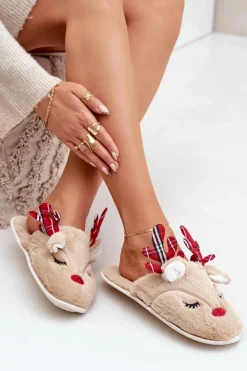 Hot Świąteczne Kapcie Z Motywem Renifera Beżowe Sylaia Damskie Kapcie Klasyczne