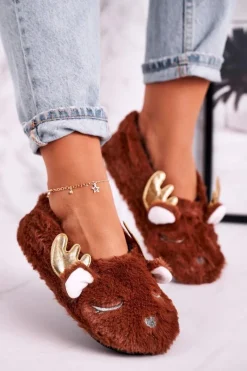 Sale Świąteczne Ocieplane Futrzane Papcie Brązowe Jingle Bells Damskie Kapcie Klasyczne