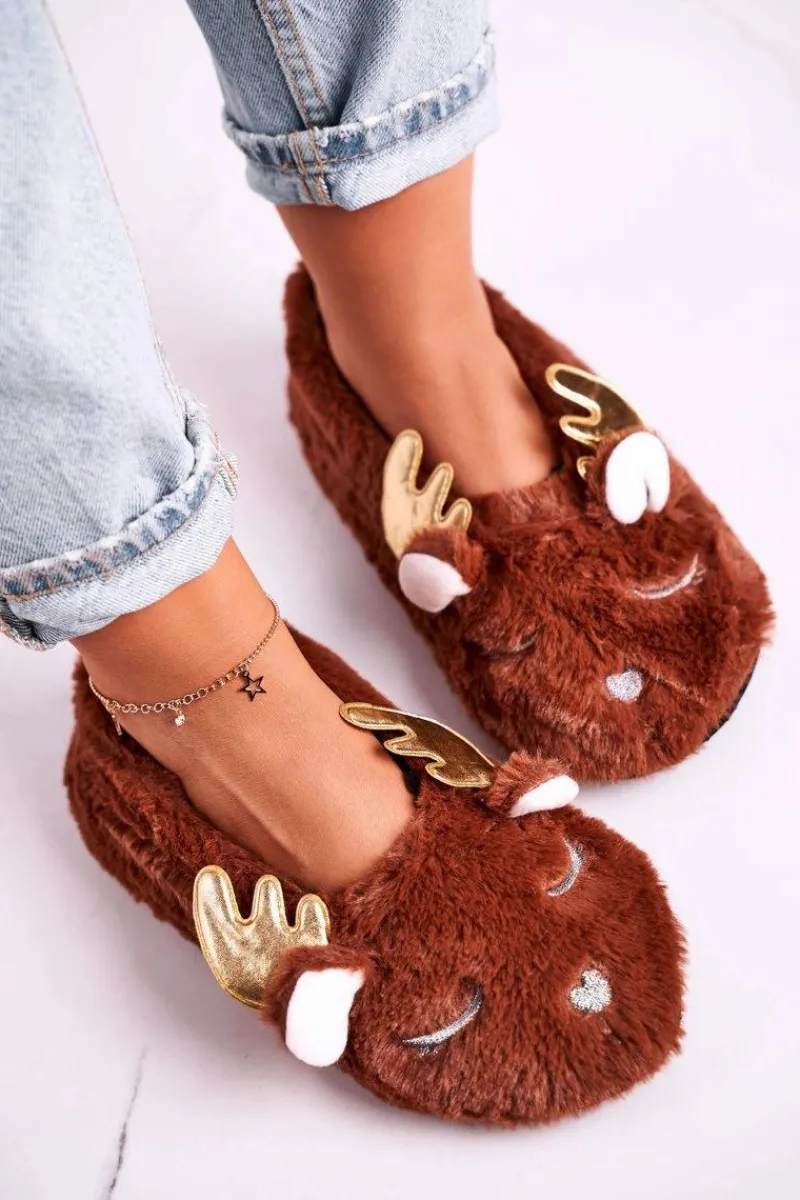 Sale Świąteczne Ocieplane Futrzane Papcie Brązowe Jingle Bells Damskie Kapcie Klasyczne