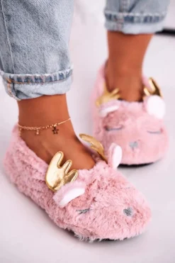 Sale Świąteczne Ocieplane Futrzane Papcie Różowe Jingle Bells Damskie Kapcie Klasyczne