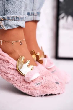 Sale Świąteczne Ocieplane Futrzane Papcie Różowe Jingle Bells Damskie Kapcie Klasyczne