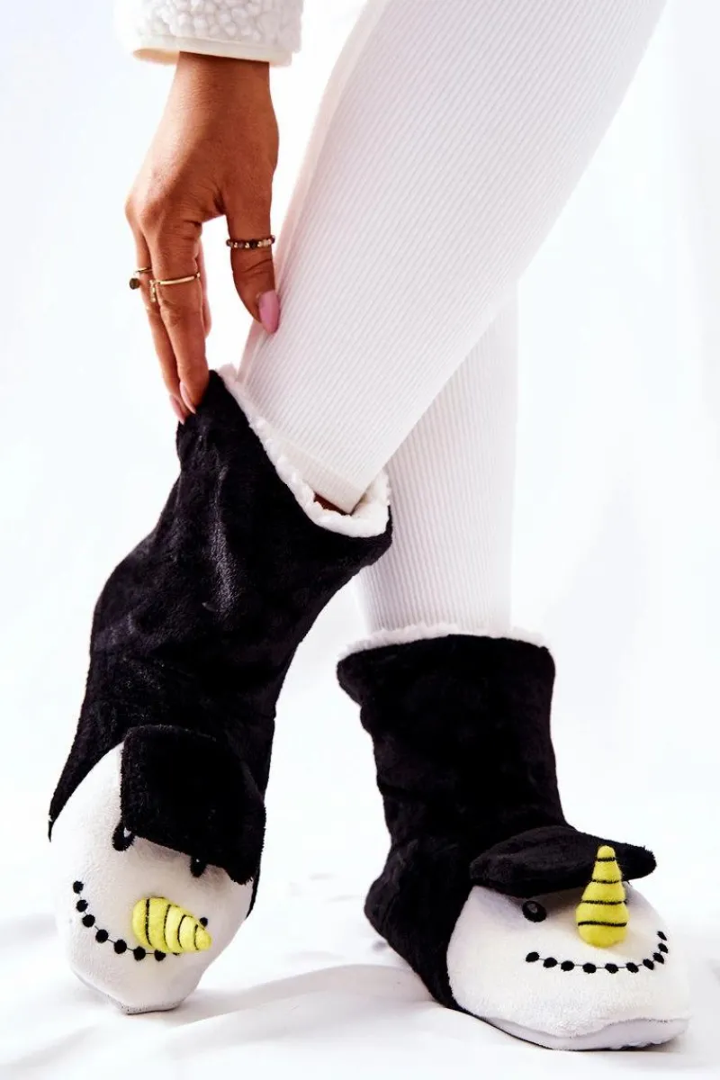 Clearance Świąteczne Papcie Ocieplane Bałwan Czarne Damskie Kapcie Klasyczne