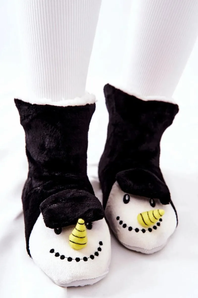 Clearance Świąteczne Papcie Ocieplane Bałwan Czarne Damskie Kapcie Klasyczne