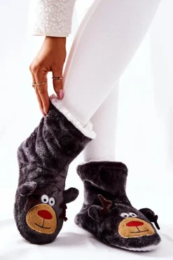 Sale Świąteczne Papcie Ocieplane Renifer Szare Damskie Kapcie Klasyczne