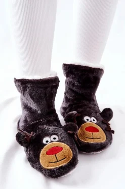 Sale Świąteczne Papcie Ocieplane Renifer Szare Damskie Kapcie Klasyczne