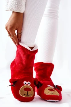 Discount Aura.via Świąteczne Papcie Ocieplane Renifer Czerwone