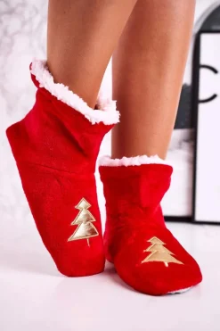 Kapcie Klasyczne></noscript>Aura.via Świąteczne Papcie Z Choinką Ocieplone Kożuszkiem Holly