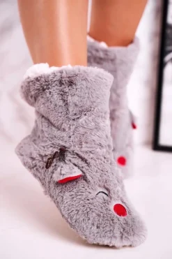 Hot Boto Świąteczne Papcie Z Reniferem Ocieplone Kożuszkiem Szare Rudolph