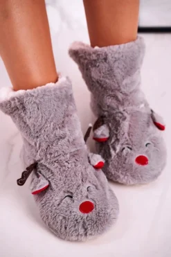Hot Boto Świąteczne Papcie Z Reniferem Ocieplone Kożuszkiem Szare Rudolph