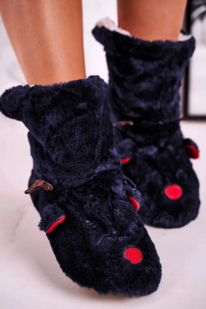 New Świąteczne Papcie Z Reniferem Ocieplone Kożuszkiem Granatowe Rudolph Damskie Kapcie Klasyczne