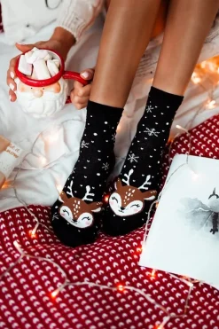 Discount Świąteczne Skarpetki Damskie Reniferek Czarne Skarpetki|Skarpetki