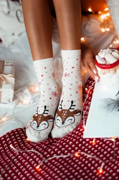 Świąteczne Skarpetki Damskie Reniferek Ecru Skarpetki|Skarpetki