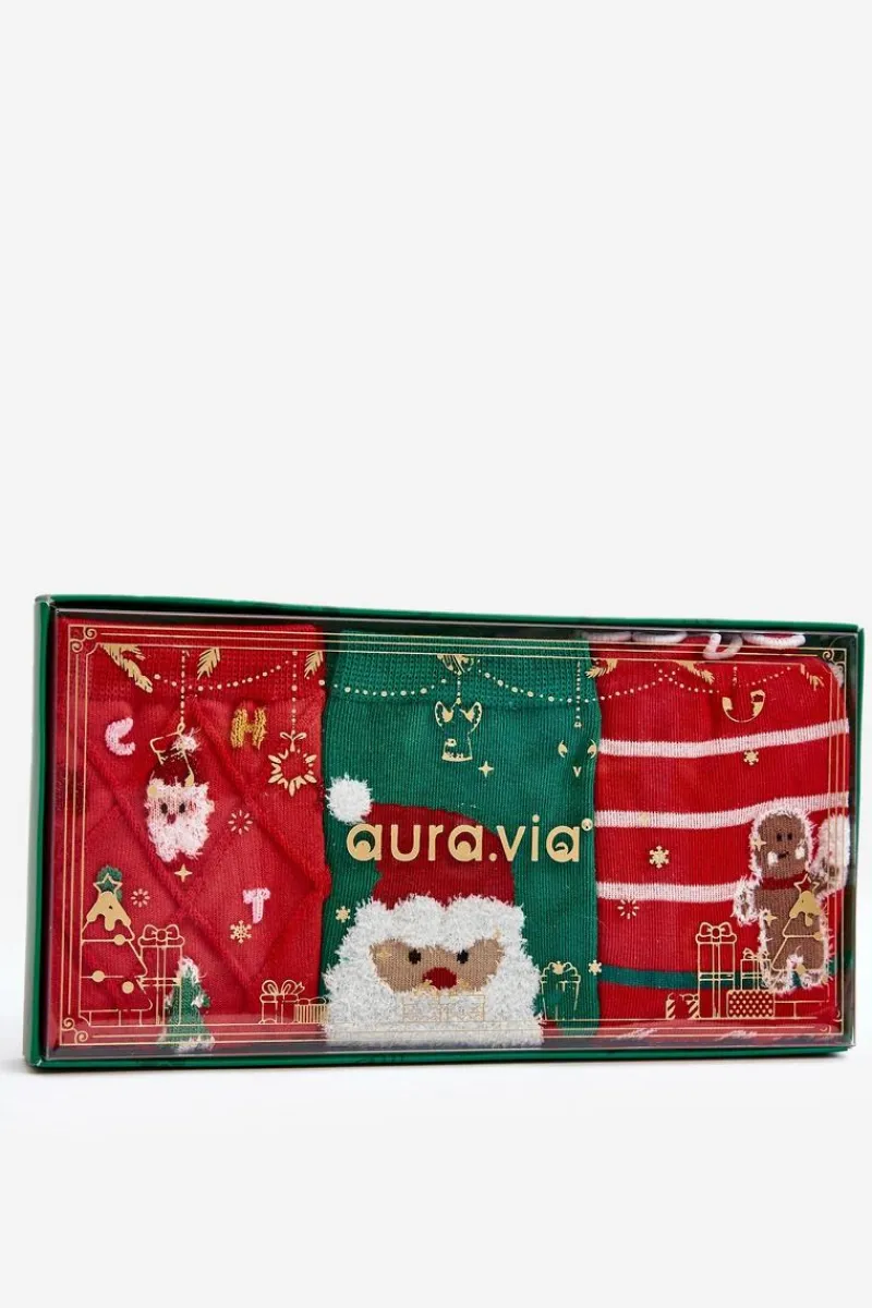 Skarpetki|Skarpetki>Aura.via Świąteczny Zestaw Młodzieżowych Skarpet 3-Pak Czerwony
