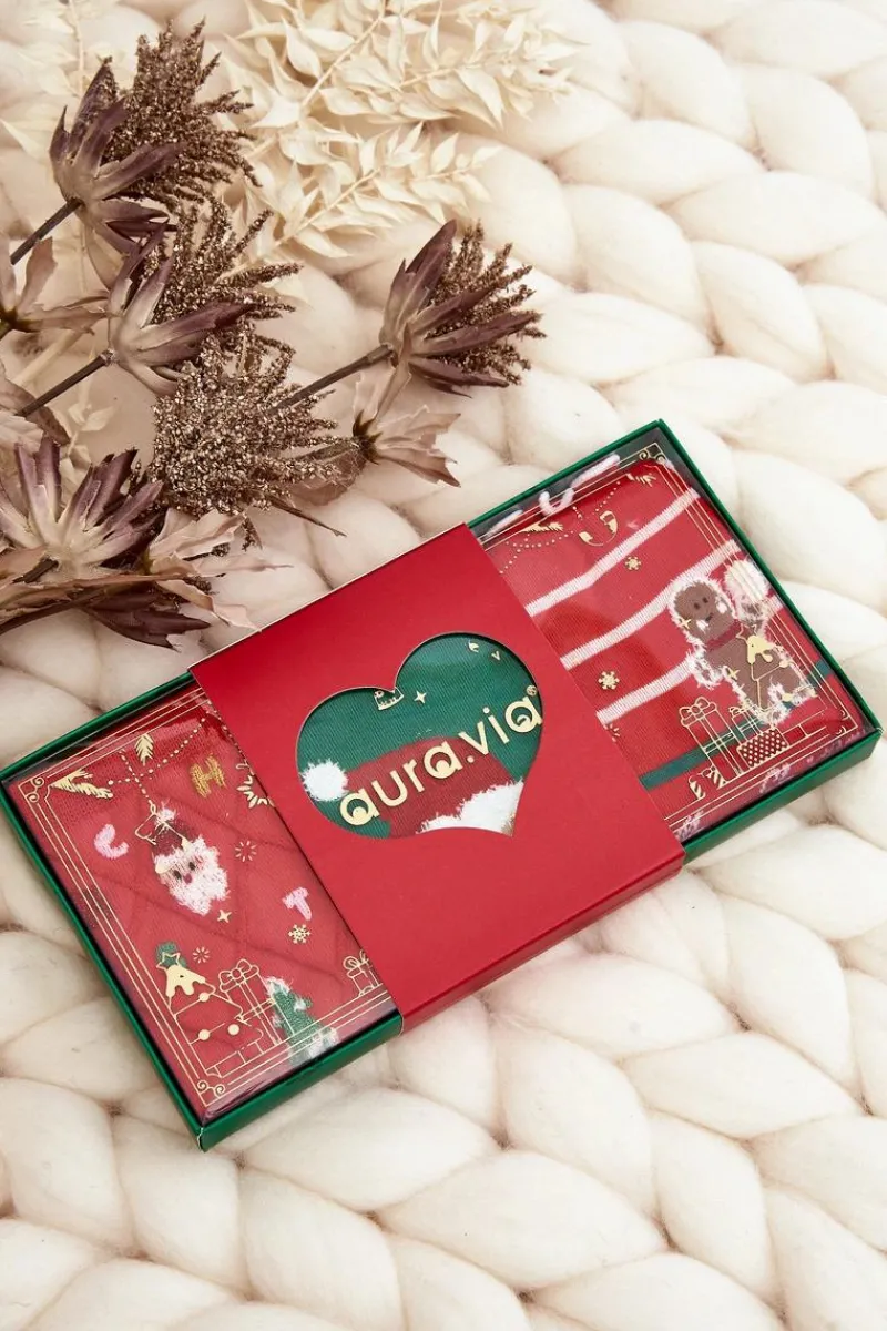 Skarpetki|Skarpetki>Aura.via Świąteczny Zestaw Młodzieżowych Skarpet 3-Pak Czerwony