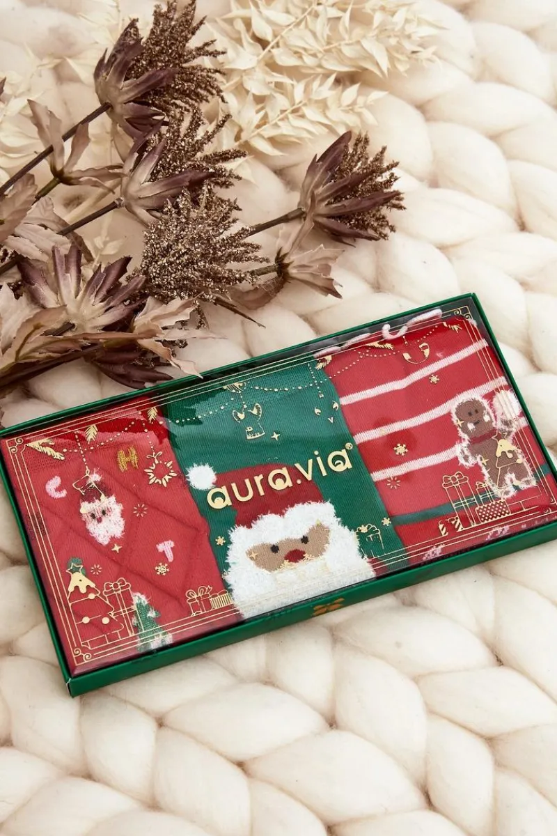 Skarpetki|Skarpetki>Aura.via Świąteczny Zestaw Młodzieżowych Skarpet 3-Pak Czerwony