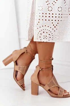 Sandały Ażurowe|Sandały Na Obcasie>Boto Wiązane Ażurowe Sandały Na Słupku Beżowe Lorette