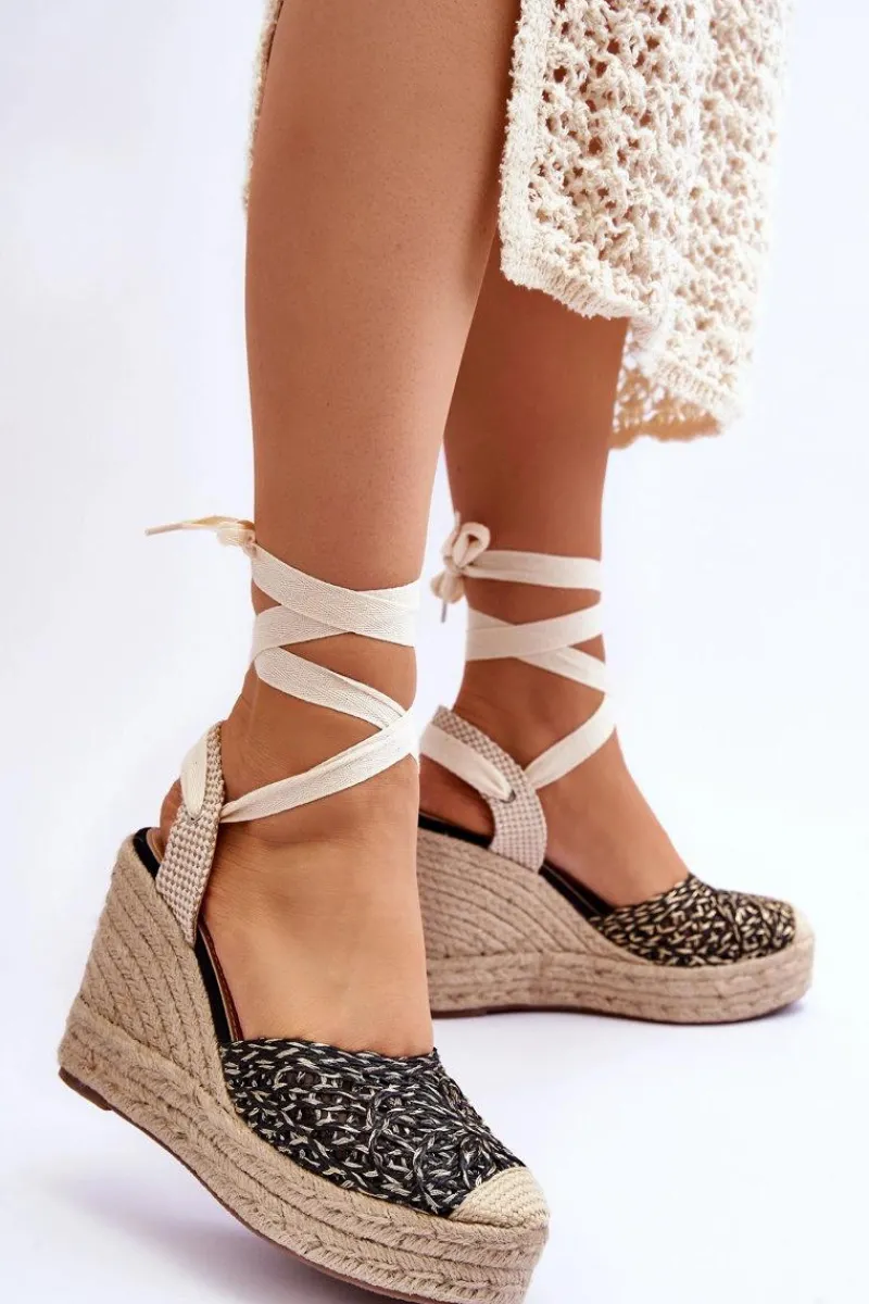 Best Wiązane Damskie Sandały Na Koturnie Czarne Josephine Damskie Sandały Na Koturnie