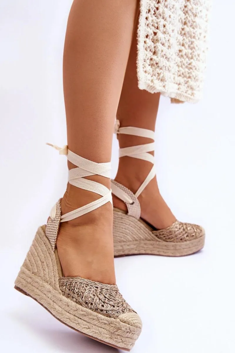 Online Boto Wiązane Damskie Sandały Na Koturnie Beżowe Josephine Beżowy