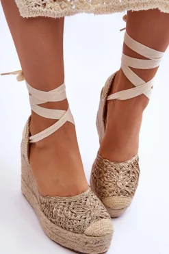 Online Boto Wiązane Damskie Sandały Na Koturnie Beżowe Josephine Beżowy