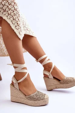 Online Boto Wiązane Damskie Sandały Na Koturnie Beżowe Josephine Beżowy