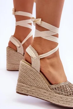 Online Boto Wiązane Damskie Sandały Na Koturnie Beżowe Josephine Beżowy