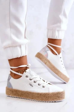 New Wiązane Espadryle Na Plecionej Platformie Big Star JJ274397 Białe Damskie Czarne Espadryle