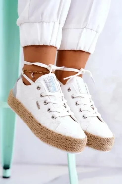New Wiązane Espadryle Na Plecionej Platformie Big Star JJ274397 Białe Damskie Czarne Espadryle