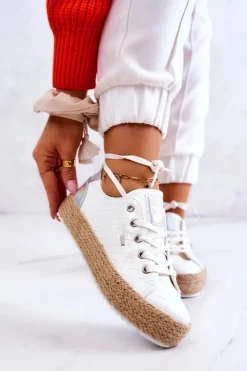 New Wiązane Espadryle Na Plecionej Platformie Big Star JJ274397 Białe Damskie Czarne Espadryle
