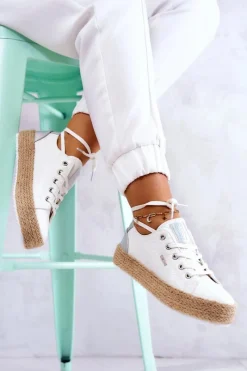 New Wiązane Espadryle Na Plecionej Platformie Big Star JJ274397 Białe Damskie Czarne Espadryle