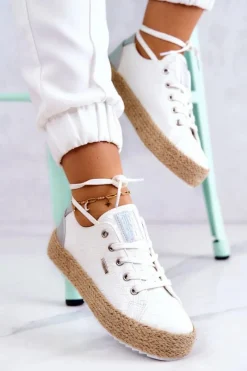 New Wiązane Espadryle Na Plecionej Platformie Big Star JJ274397 Białe Damskie Czarne Espadryle