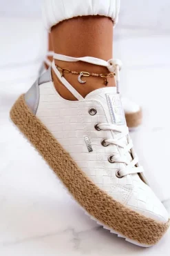 New Wiązane Espadryle Na Plecionej Platformie Big Star JJ274397 Białe Damskie Czarne Espadryle