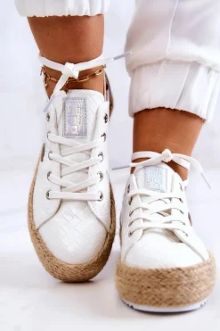 New Wiązane Espadryle Na Plecionej Platformie Big Star JJ274397 Białe Damskie Czarne Espadryle