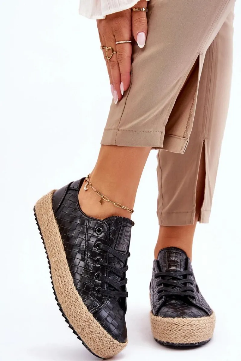 Sale Wiązane Espadryle Na Plecionej Platformie Big Star JJ274396 Czarne Damskie Czarne Espadryle