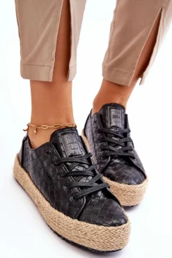 Sale Wiązane Espadryle Na Plecionej Platformie Big Star JJ274396 Czarne Damskie Czarne Espadryle