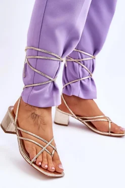 Best Wiązane Sandałki Japonki Na Obcasie Złote Secret Love Damskie Sandały Na Obcasie