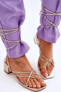 Best Wiązane Sandałki Japonki Na Obcasie Złote Secret Love Damskie Sandały Na Obcasie