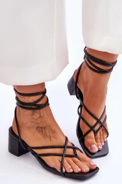 Sale Wiązane Sandałki Japonki Na Obcasie Czarne Secret Love Damskie Sandały Na Obcasie