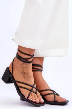 Sale Wiązane Sandałki Japonki Na Obcasie Czarne Secret Love Damskie Sandały Na Obcasie