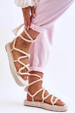 Best Wiązane Sandałki Na Masywnej Platformie Beżowe Can't Wait Damskie Sandały Płaskie