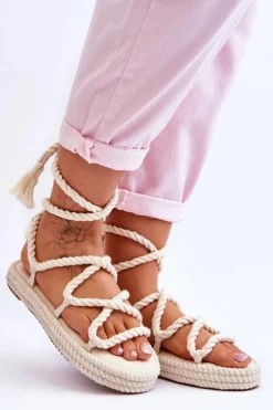 Best Wiązane Sandałki Na Masywnej Platformie Beżowe Can't Wait Damskie Sandały Płaskie