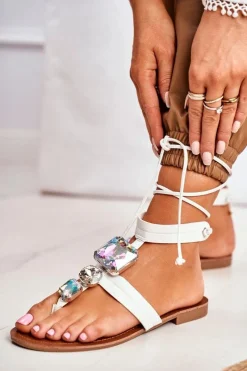 Sandały Płaskie>Boto Wiązane Sandały Gladiatorki Z Kryształkami Białe Volare