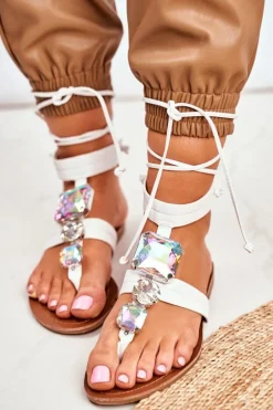 Sandały Płaskie></noscript>Boto Wiązane Sandały Gladiatorki Z Kryształkami Białe Volare