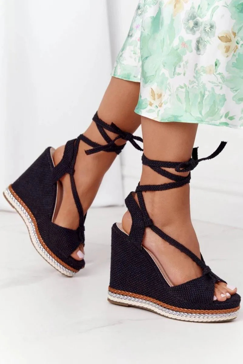 Hot Wiązane Sandały Na Koturnie Czarne Hawaii Damskie Sandały Na Koturnie