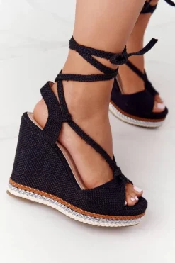 Hot Wiązane Sandały Na Koturnie Czarne Hawaii Damskie Sandały Na Koturnie