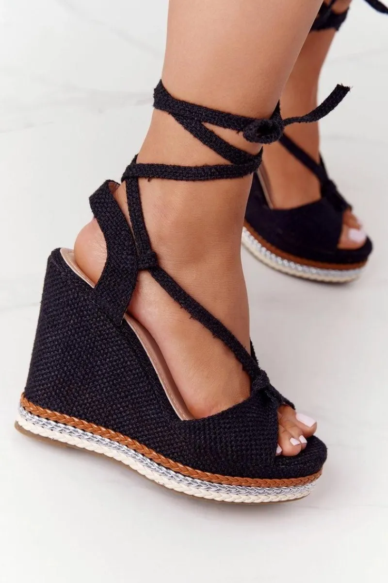 Hot Wiązane Sandały Na Koturnie Czarne Hawaii Damskie Sandały Na Koturnie