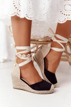 Boto Wiązane Sandały Na Koturnie Z Plecionką Czarne Nelly